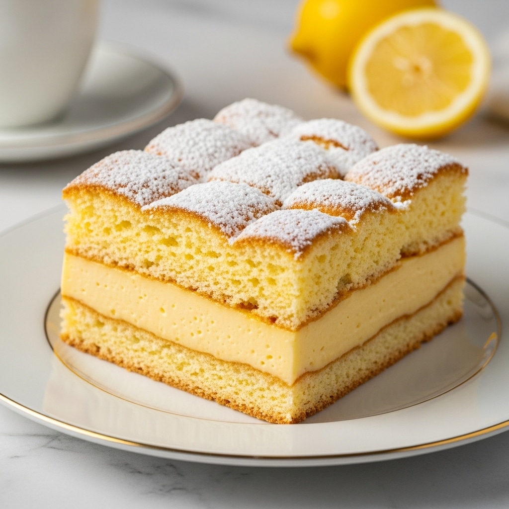 A rectangular dessert with three visible layers sits on a white plate with a thin gold rim. The bottom layer is a soft, light golden crust. The thick middle layer consists of smooth, creamy yellow custard that looks rich and slightly glossy. The top layer is a golden-brown baked sponge cake with a slightly uneven, puffed texture, dusted generously with white powdered sugar that covers the entire surface, giving it a soft, snowy look. The plate rests on a white marbled surface and in the blurred background, there is a cream-colored cup and saucer and a cut lemon. Photo taken with an iphone --ar 4:5 --v 7