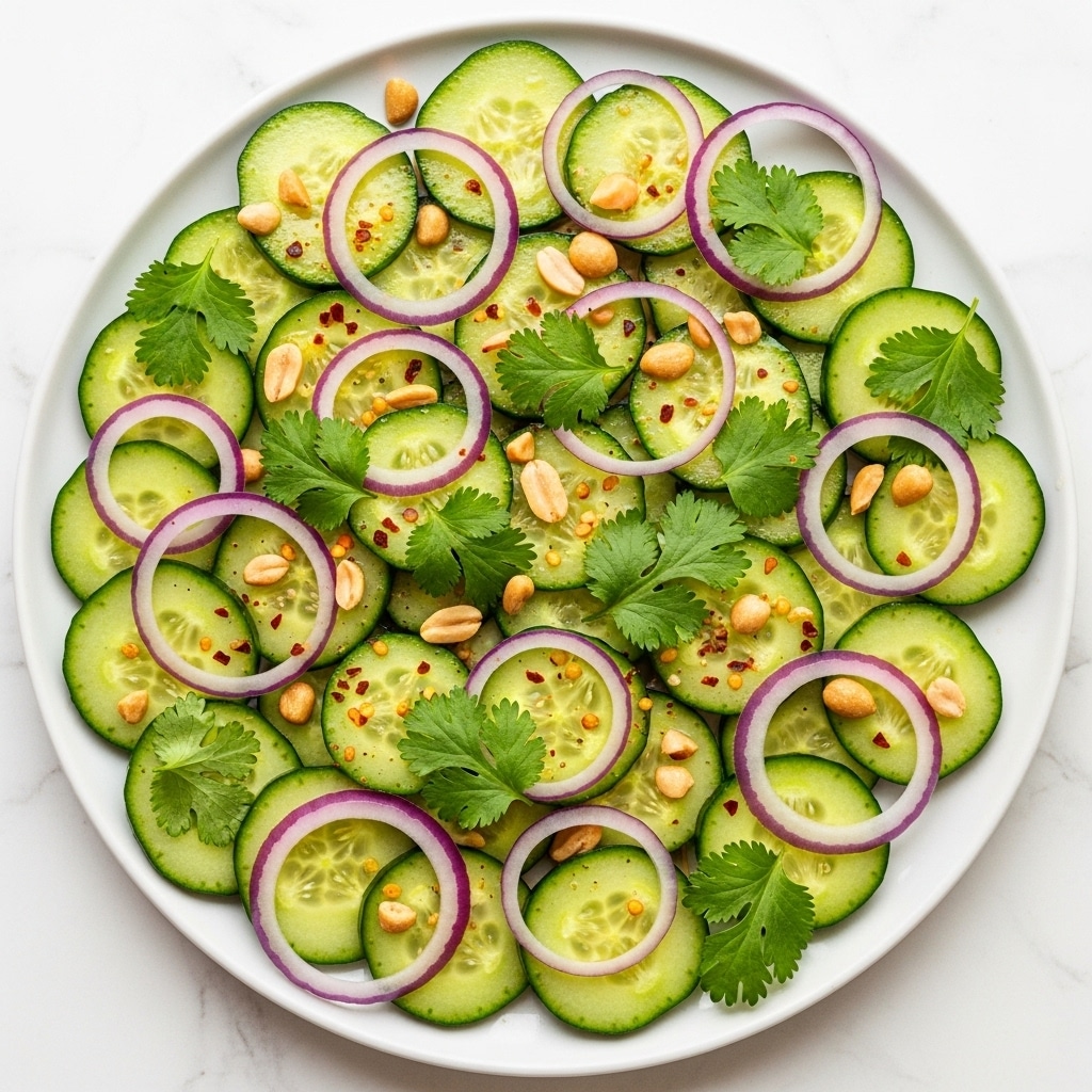 The image shows a fresh cucumber salad on a white plate over a white marbled surface. The salad is made up of thin, translucent green cucumber slices layered evenly and scattered red onion rings adding a purple color contrast. Fresh green cilantro leaves are spread throughout the salad, adding texture and brightness. Small pieces of chopped peanuts are sprinkled on top, giving a crunchy feel. The salad is lightly dressed with a glistening layer of oil or dressing visible on the cucumber slices. There is also a light scatter of crushed red pepper flakes or seasoning adding a subtle touch of red and yellow. photo taken with an iphone --ar 4:5 --v 7