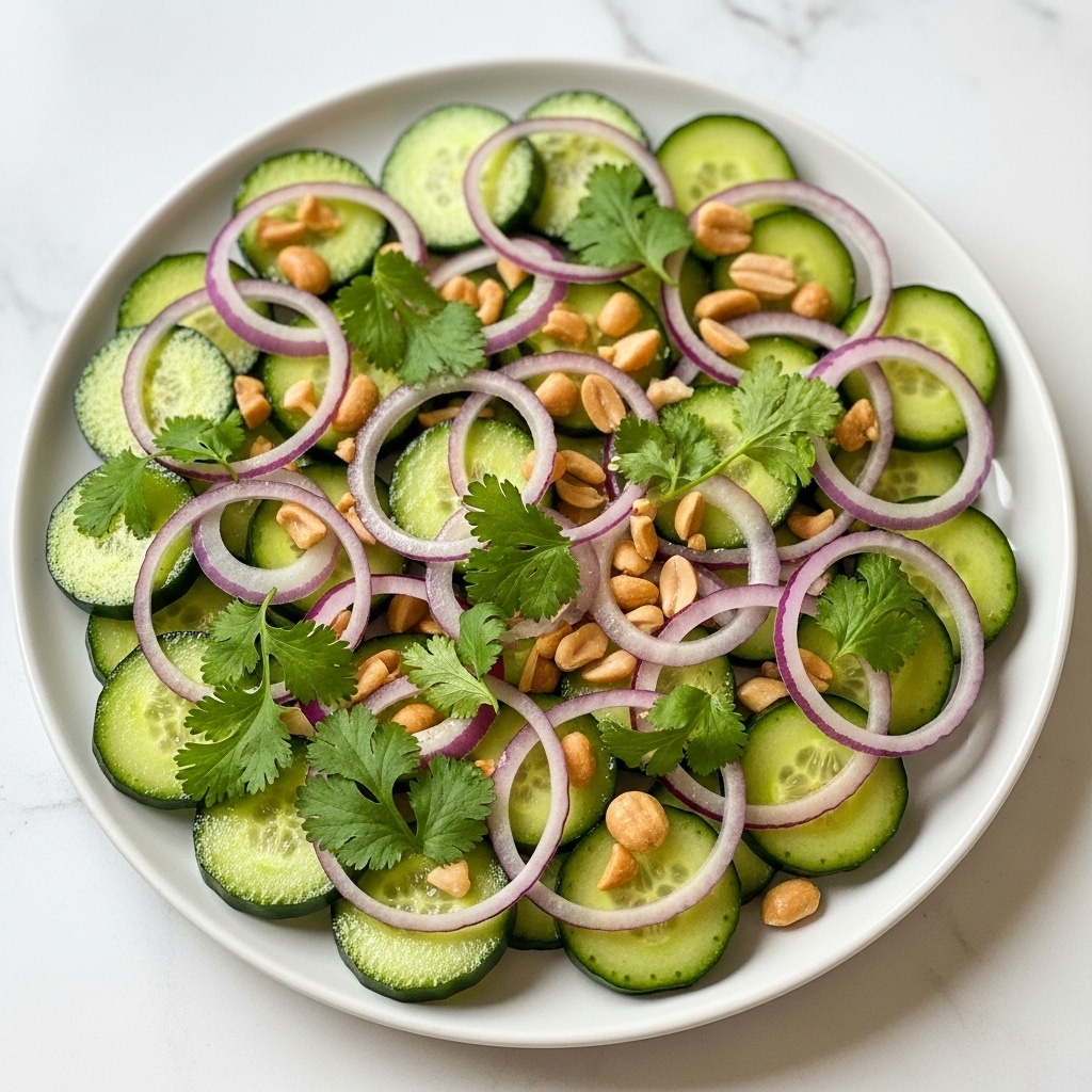The image shows a fresh cucumber salad on a white plate resting on a white marbled surface. The salad has multiple layers starting with dark green cucumber slices spread across the plate, followed by thin rings of light purple-red onion interspersed evenly. Sprinkled over the top are bright green fresh cilantro leaves and roughly chopped peanuts adding a crunchy texture. The salad is lightly coated with a slightly glossy dressing that creates small glistening spots on the vegetables, enhancing their vibrant colors. The overall look is fresh and colorful with a mix of green, purple, and beige tones. photo taken with an iphone --ar 4:5 --v 7