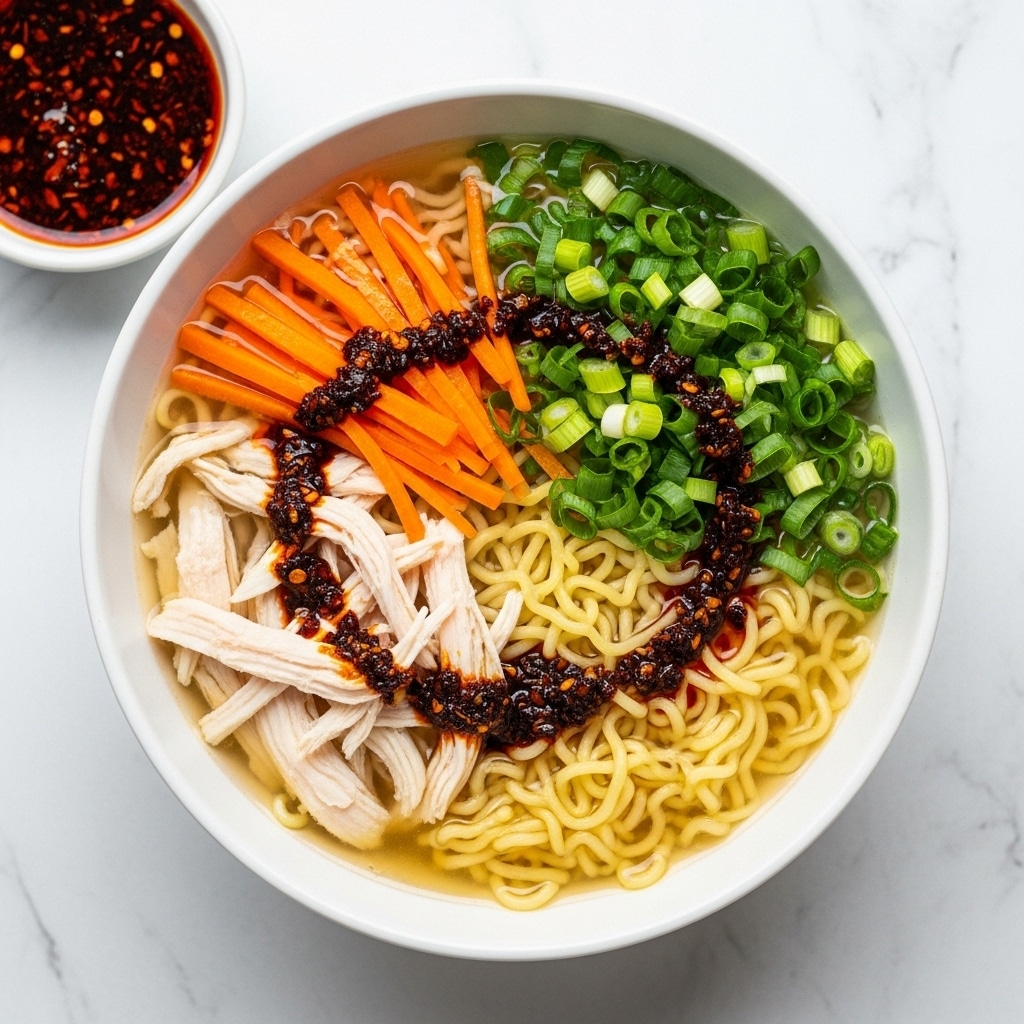 A white bowl filled with clear broth ramen soup shows several visible layers and toppings. The base layer contains yellow curly noodles soaked in the broth. On the right side, there is a thick pile of chopped green onions with a fresh, bright green color. Shredded white chicken is placed on the left side, with thin strips of orange carrot next to it. Dark red chili oil is drizzled over the noodles and toppings, adding deep reddish spots across the surface. In the top left corner, a small white bowl holds more dark chili oil with red chili flakes. The background has a white marbled texture. Photo taken with an iphone --ar 4:5 --v 7