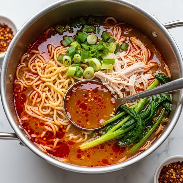 A close-up view of a large silver pot filled with spicy noodle soup showcasing a rich reddish-orange broth. The soup has several layers; the bottom layer is the broth with floating dark chili oil spots, followed by a layer of pale yellow noodles tangled throughout. Scattered on top and mixed inside are sliced green onions adding a fresh green color, along with shredded pieces of white chicken. A silver ladle scoops some of the broth, showing its clear, oily texture with floating spices. The pot sits on a white marbled surface, with small dishes of red chili flakes nearby. Photo taken with an iphone --ar 4:5 --v 7