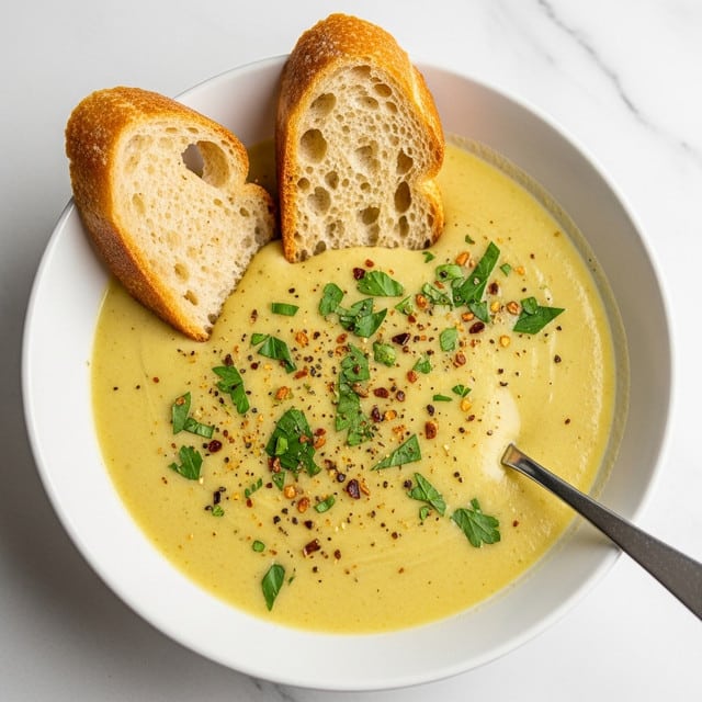 A white bowl filled with creamy pale yellow soup topped with green herbs and small bits of spices scattered across the surface. Two pieces of crusty, golden-brown bread with a porous texture rest partially in the soup, standing upright near the edge of the bowl. A silver spoon is dipped in the soup on the right side, with its handle resting on the bowl's rim. The bowl sits on a white marbled surface. photo taken with an iphone --ar 4:5 --v 7