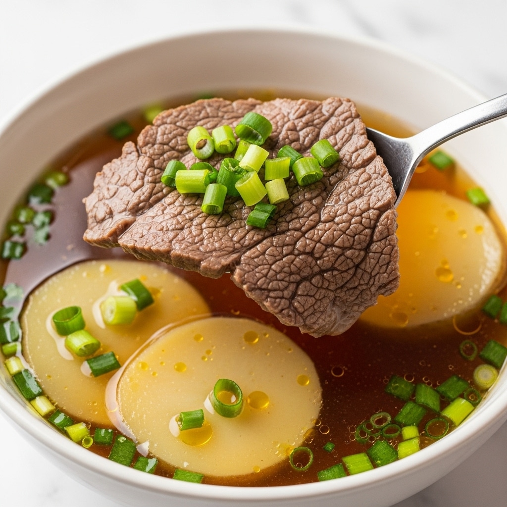 A close-up of a spoon holding a juicy, textured slice of cooked beef topped with small bright green chopped onions, hovering over a bowl filled with clear brown broth. In the broth below, there are thin, light-colored round potato slices and scattered green onion pieces with a shiny, oily surface. The bowl is white with a smooth edge, set against a white marbled background. Photo taken with an iphone --ar 4:5 --v 7