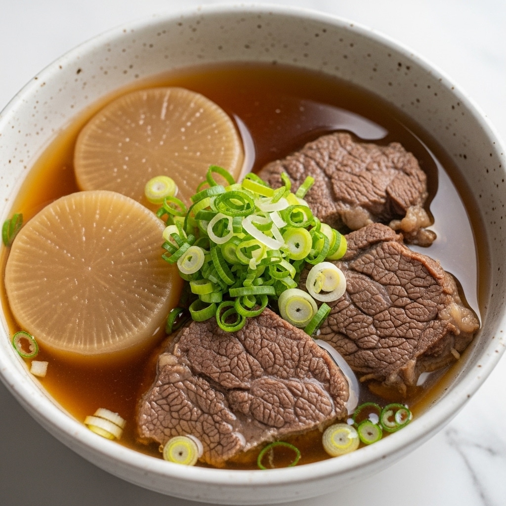 A close-up of a bowl of clear brown broth with three thick pieces of cooked beef showing a slightly rough texture, two large light beige radish slices nestled near the meat, and chopped bright green scallions sprinkled in the center and around the bowl. The bowl is white with a speckled outer rim and sits on a white marbled surface. photo taken with an iphone --ar 4:5 --v 7