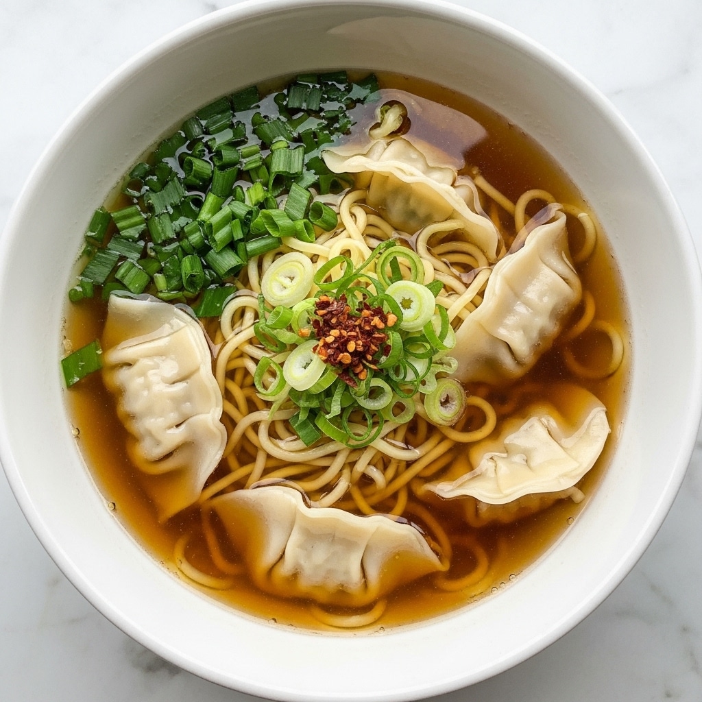 A white bowl filled with a warm, clear brown broth containing several light beige dumplings floating on the surface, mixed with pale yellow noodles. Bright green chopped scallions and thin rings of green onions are spread on top, along with a sprinkling of small red chili flakes. The broth has a slight oily sheen and the bowl sits on a white marbled surface, catching natural light. Photo taken with an iphone --ar 4:5 --v 7