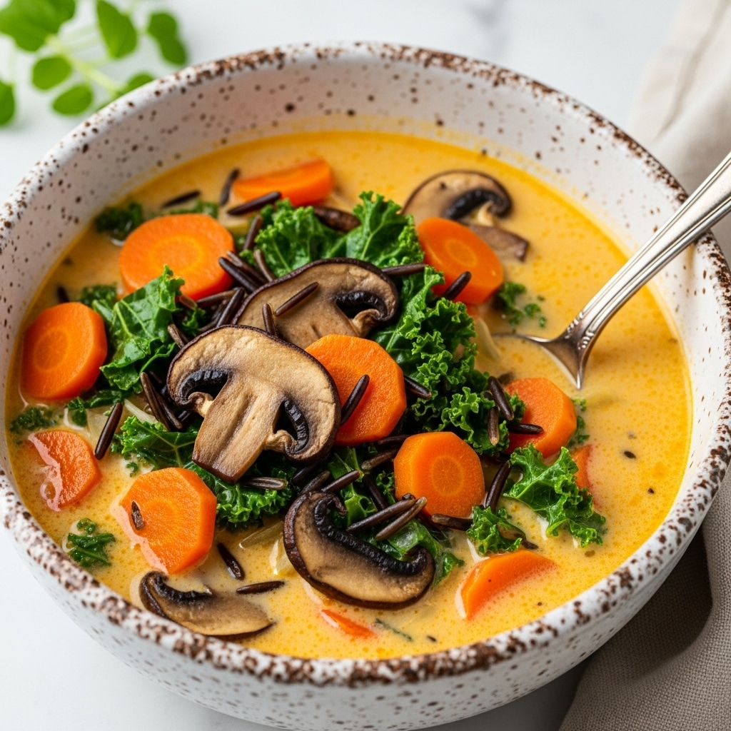 A close-up view of a creamy soup served in a rustic white bowl with brown speckles on the rim. The soup has a light orange creamy base filled with bright orange chunks and slices of carrot, dark brown sautéed mushroom slices, green kale pieces, and strands of black wild rice scattered throughout. A vintage silver spoon is partially submerged on the right side of the bowl. The bowl sits on a white marbled surface with a small green herb sprig in the background and a beige cloth partially visible on the lower right corner. photo taken with an iphone --ar 4:5 --v 7