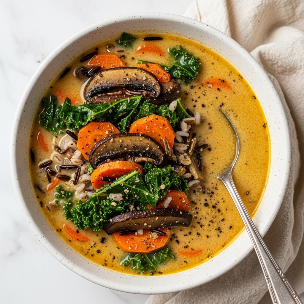 The image shows a bowl of creamy soup filled with visible layers of orange carrot slices, dark brown cooked mushroom slices, dark green kale pieces, and scattered black wild rice grains. The soup base is a light golden cream color, speckled with black pepper and herbs. The bowl is white with a speckled texture and rests on a white marbled surface. Inside the bowl on the right side is a silver spoon partially submerged in the soup. The scene includes a soft cream-colored cloth next to the bowl. photo taken with an iphone --ar 4:5 --v 7