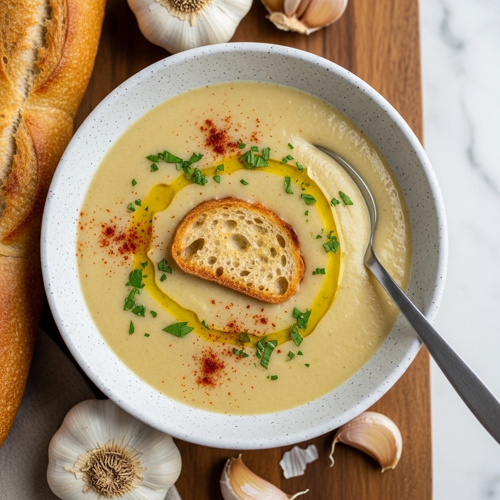 A creamy light yellow soup fills a round white speckled bowl, topped with a crispy toasted bread slice in the center. There are small green herb bits scattered on the soup's surface along with droplets of golden olive oil forming an uneven ring. A sprinkle of red paprika adds a touch of color around the bread. The bowl sits on a wooden board with a piece of crusty baguette and a whole garlic bulb beside it. A shiny silver spoon rests inside the bowl on the right side. The background is a white marbled texture. photo taken with an iphone --ar 4:5 --v 7