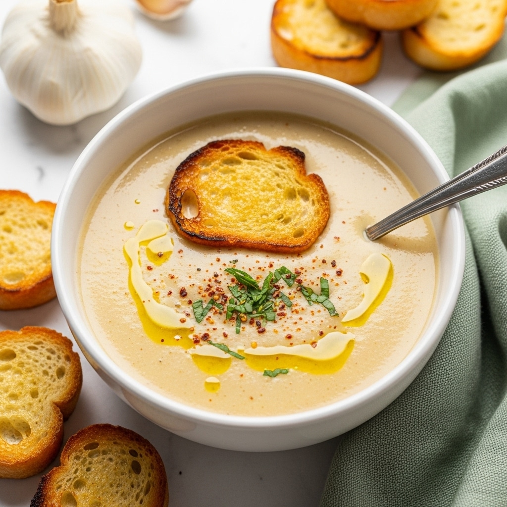 A white ceramic bowl filled with creamy, light yellow soup sits in the center, topped with a golden-brown toasted bread slice floating on top. There are small green herb pieces and red seasoning sprinkled over the soup, with a drizzle of olive oil creating shiny yellow pools on the surface. A silver spoon rests inside the bowl on the right side. Surrounding the bowl, there are more toasted bread pieces with golden crusts and soft centers. In the background, a whole garlic bulb and more bread are visible, all placed on a white marbled texture. A soft green cloth napkin is folded near the bowl. Photo taken with an iphone --ar 4:5 --v 7