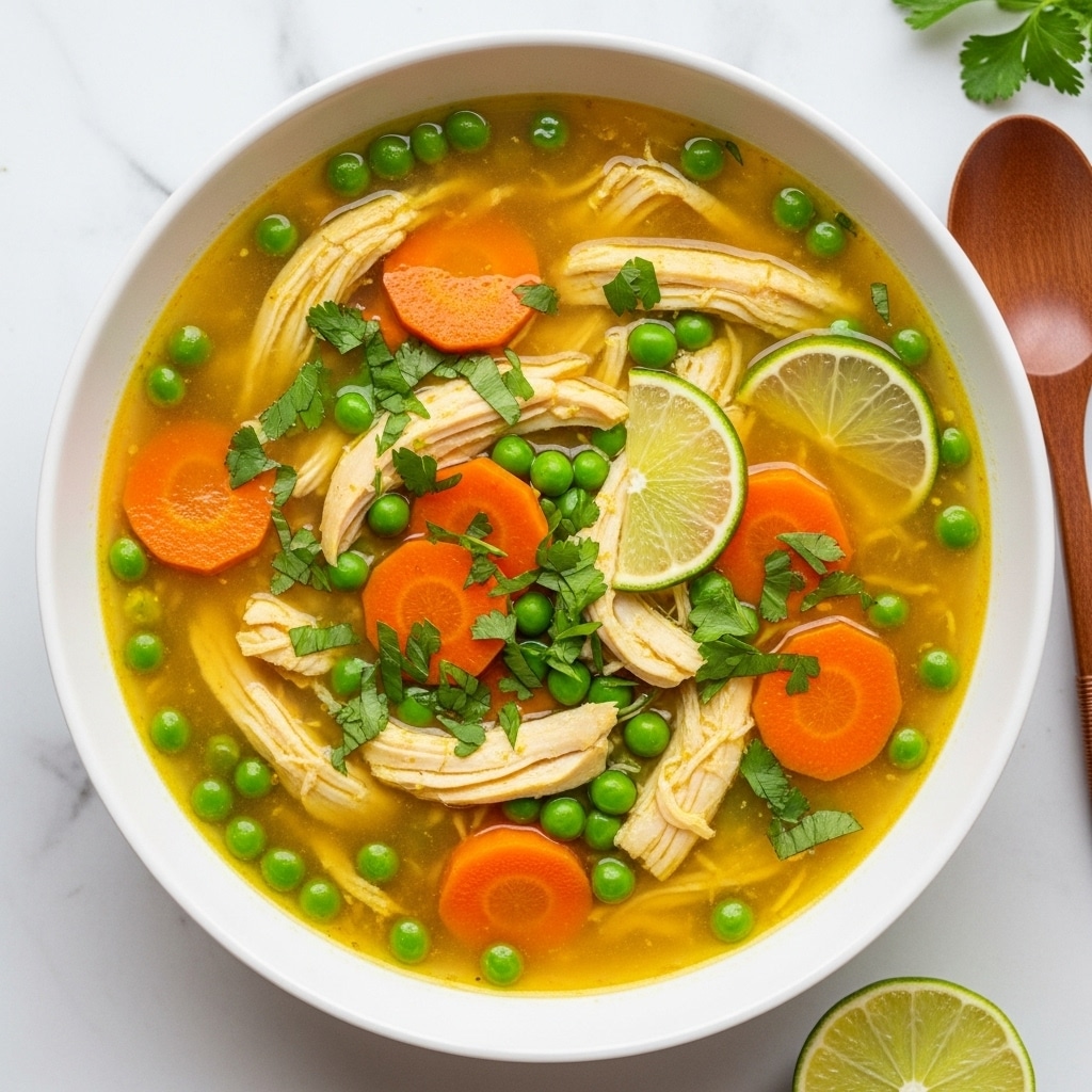 A white bowl filled with a vibrant chicken soup sitting on a white marbled surface. The soup has a golden yellow broth and contains shredded chicken pieces scattered evenly throughout. Bright orange carrot slices and small green peas float in the broth, adding color and texture. Chopped green herbs sprinkle the top, giving a fresh look. Two thin lime wedges rest on the soup’s surface, one near the edge and one more central. A wooden spoon and part of a lime are visible near the bowl. photo taken with an iphone --ar 4:5 --v 7