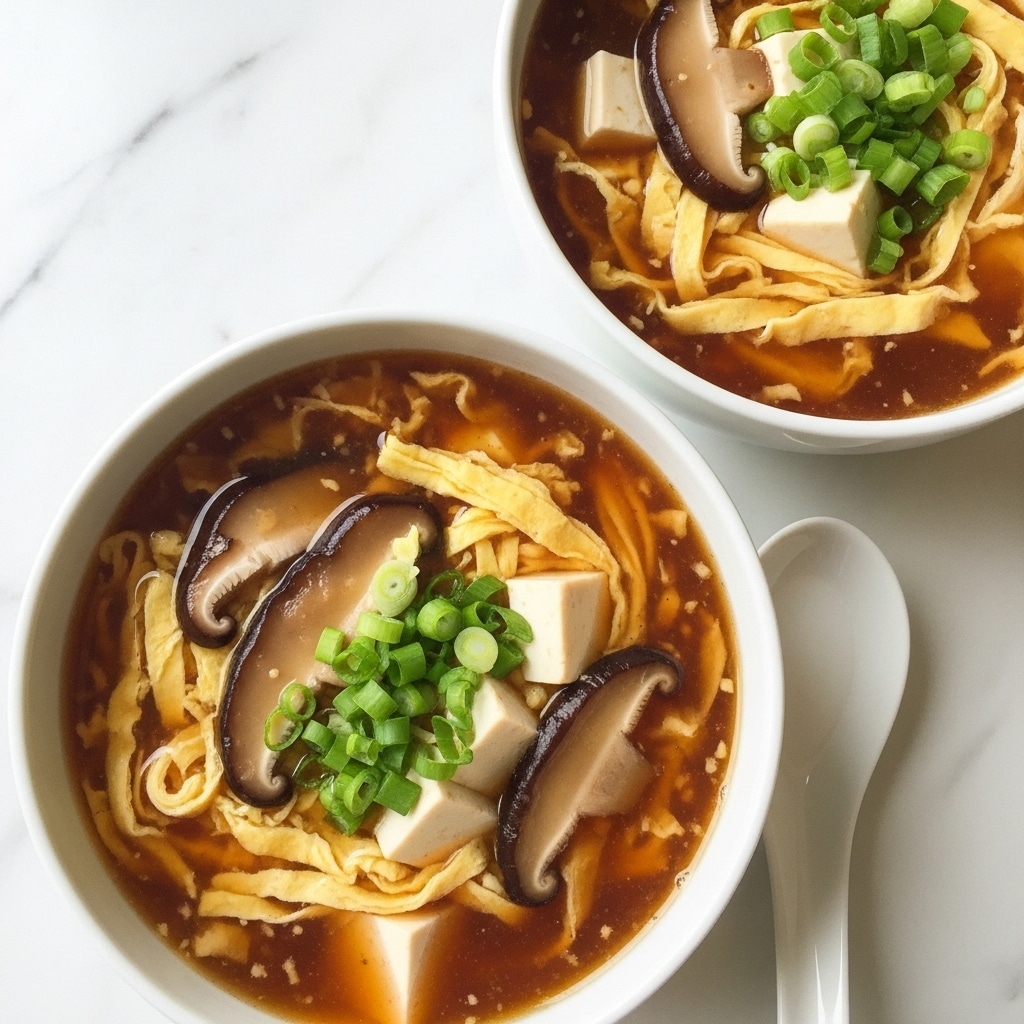 Two white bowls filled with hot and sour soup sit on a white marbled surface. The soup has a rich brown broth with visible layers including soft, light yellow egg ribbons swirling throughout. Thick slices of dark brown shiitake mushrooms and chunks of creamy white tofu float on top. Bright green chopped scallions are sprinkled over the soup, adding a fresh pop of color. A white ceramic spoon rests beside one bowl, enhancing the clean and simple presentation. photo taken with an iphone --ar 4:5 --v 7