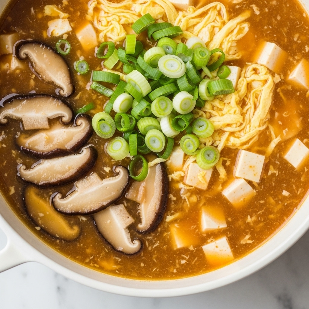 A close-up view of a white pot filled with a rich, golden-brown soup that has a slightly thick texture. The soup includes several layers of ingredients: soft, light brown sliced shiitake mushrooms with a smooth surface, fluffy pale yellow strands of egg drop, and small white cubes of tofu scattered evenly throughout. Bright green sliced scallions float on top, adding a fresh contrast to the warm colors below. The pot sits on a white marbled surface. photo taken with an iphone --ar 4:5 --v 7