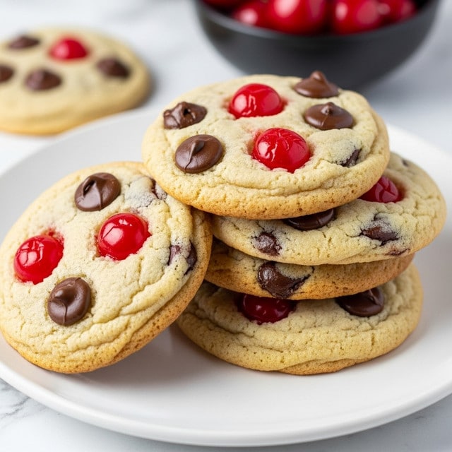 A white plate holds a stack of four freshly baked cookies, each with a golden-brown edge and a soft, light beige center. The cookies are dotted with melted dark brown chocolate chips and bright red whole cherries, some slightly sunken into the dough, adding texture and color contrast. Behind the plate, there is a slightly blurred view of more cherries in a dark bowl, all placed on a surface with a white marbled texture. The overall look is warm and inviting, with the cookies appearing soft and slightly chewy. Photo taken with an iphone --ar 4:5 --v 7
