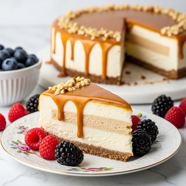 A slice of cheesecake with three layers: the bottom layer is a thin brown crust, the middle layer is thick and creamy off-white cheesecake, topped with a smooth golden caramel sauce that drips down the sides, sprinkled with small pieces of chopped white nuts. The cheesecake slice sits on a white plate with a floral pattern, surrounded by fresh red raspberries and dark blackberries. Behind the slice, there is a blurred view of the whole cheesecake, also topped with caramel and nuts, and a white bowl with blueberries. The surface is a white marbled texture. photo taken with an iphone --ar 4:5 --v 7