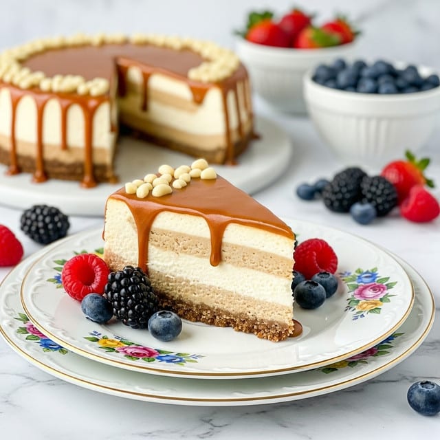 A slice of cheesecake is shown on a white plate with floral patterns, sitting on another larger white plate with similar floral designs. The cheesecake has three layers: a thin brown crumbly crust at the bottom, a thick creamy off-white middle layer, and is topped with a layer of smooth caramel sauce dripping down the sides. Small white nut pieces are scattered on top of the caramel. Around the slice, there are fresh red raspberries, blackberries, and blueberries, adding bright color and texture contrast. The background features a soft-focused view of the whole cheesecake and bowls with blueberries and strawberries, all on a white marbled surface. Photo taken with an iphone --ar 4:5 --v 7