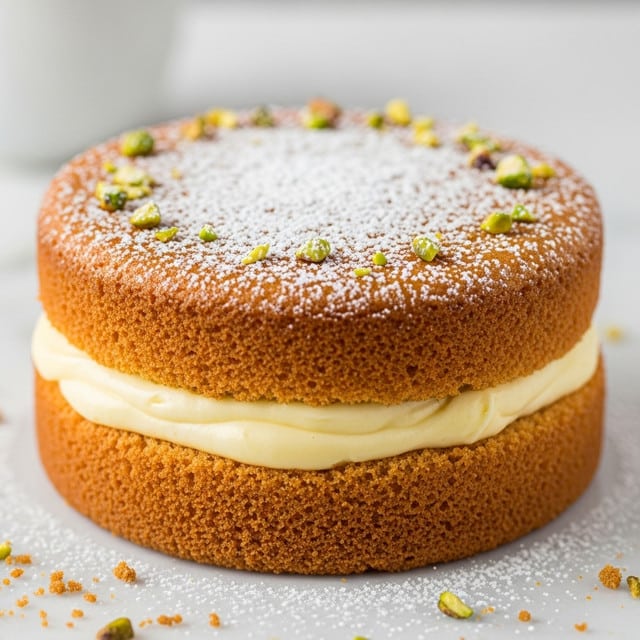 A close-up image of a single-layer round cake with a visible cream filling in the middle, giving it two layers. The bottom and top cake layers are golden brown with a soft, crumbly texture. The cream filling in the center is pale yellow and smooth. The top of the cake is sprinkled with powdered sugar and chopped nuts, adding a light dusting of white and small greenish-brown bits. The cake sits on a white marbled surface with crumbs scattered around it, and the background shows a blurred white cup. Photo taken with an iphone --ar 4:5 --v 7