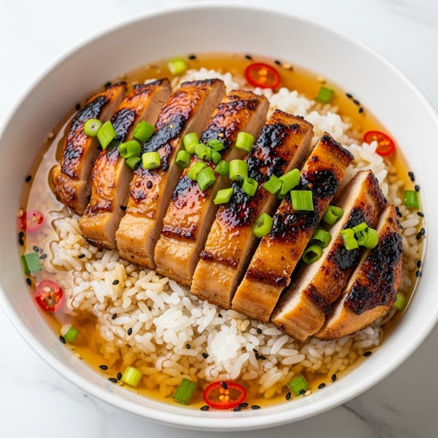 A white bowl holds a layered dish starting with a base of white cooked rice, soft and slightly sticky in texture. On top of the rice, thick slices of grilled chicken are neatly arranged, showing a golden brown glaze with charred spots that reflect a shiny, caramelized sauce. The chicken has a tender inside with a moist texture visible. Surrounding the chicken and rice is a thin layer of amber-colored broth with small bits of red chili and black sesame seeds floating gently. The dish is finished with chopped green onions scattered on top of the chicken, adding a fresh green contrast. The photo is taken on a white marbled surface. photo taken with an iphone --ar 4:5 --v 7