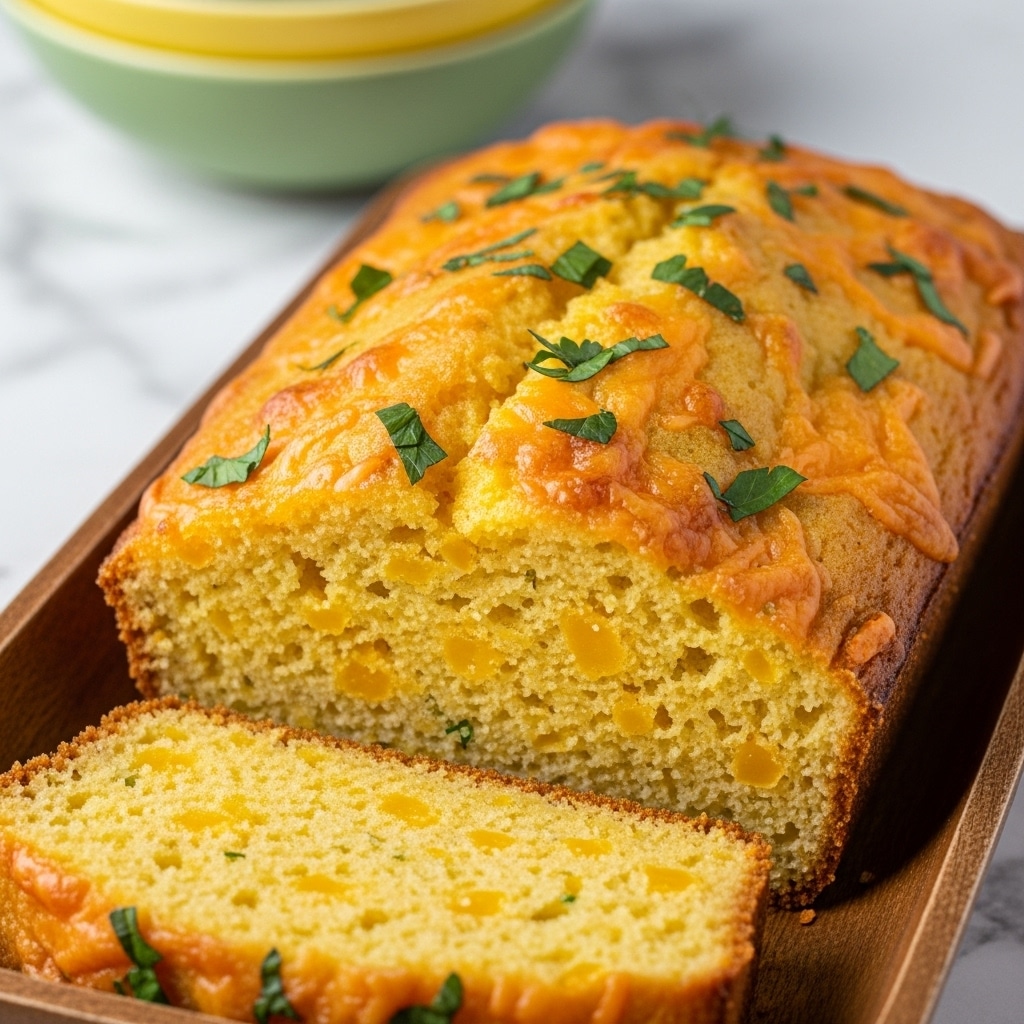 A close-up view of a golden-brown cornbread loaf in a wooden baking dish, topped with melted cheddar cheese and sprinkled with fresh green herbs. The cornbread has a soft, fluffy texture with an uneven surface marked by chunks of cheese and a light crust around the edges. A single thick slice is cut and lies in front of the loaf, showing the moist, yellow interior mixed with bits of melted cheese. The background shows a blurred bowl with a similar yellow and green color theme, all placed on a white marbled texture. photo taken with an iphone --ar 4:5 --v 7