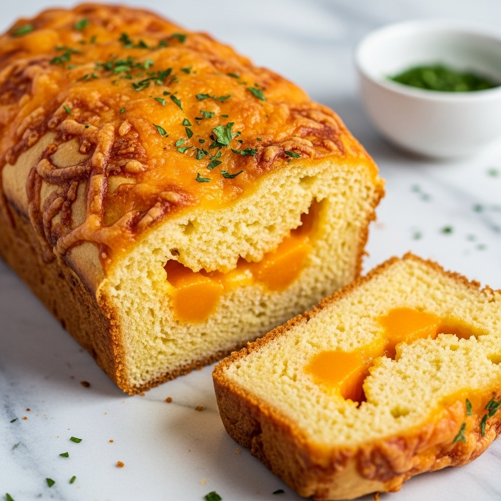 A loaf of cheesy bread is shown on a white marbled texture, partly sliced with a piece leaning forward, showing a soft yellow inside dotted with melted orange cheese chunks. The top layer is golden brown with bubbly, melted cheddar cheese sprinkled with green herbs, giving it a crispy, textured look. The edges of the bread are darker brown, showing a baked crust that contrasts with the moist center. In the background, there is a small white bowl with green herbs. Photo taken with an iphone --ar 4:5 --v 7