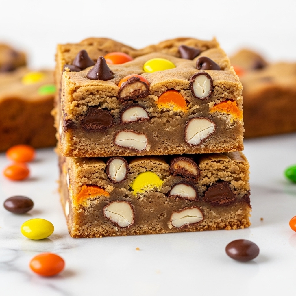 The image shows two square blondies stacked on top of each other on a white marbled surface. Each blondie has a dense, moist texture with a light brown color. The top blondie reveals layers filled with visible chunks of orange, yellow candy-coated chocolate pieces, white nuts, and melted dark chocolate chips, giving a colorful and rich contrast within the light brown base. Small candy pieces are scattered on the surface around the blondies, enhancing the visual appeal. The background is bright white, highlighting the details in the blondies. photo taken with an iphone --ar 4:5 --v 7