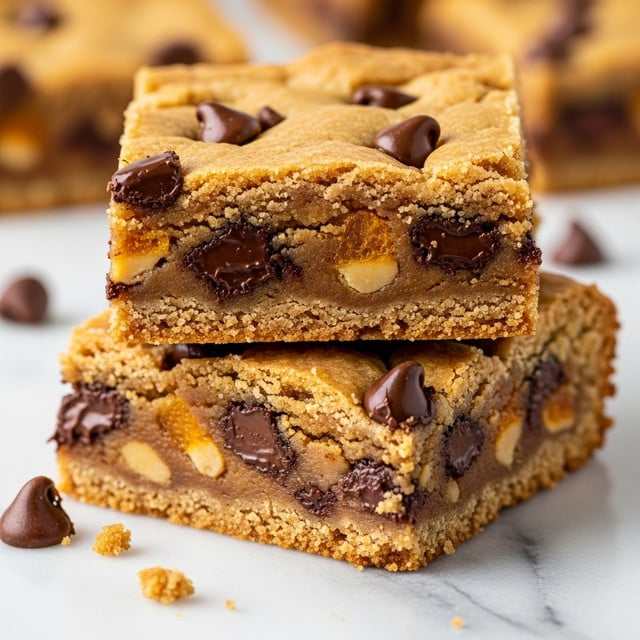 Two thick, square cookie bars stacked on top of each other are shown close-up on a white marbled surface. Each cookie bar has a golden-brown slightly crumbly top and bottom layer surrounding a dense, chewy middle layer filled with melted dark brown chocolate chips and small orange chunks. The texture looks soft and moist, with the chocolate chips partially melted and glossy. The overall look is warm and inviting, with crumbs and a single loose chocolate chip nearby. Photo taken with an iphone --ar 4:5 --v 7