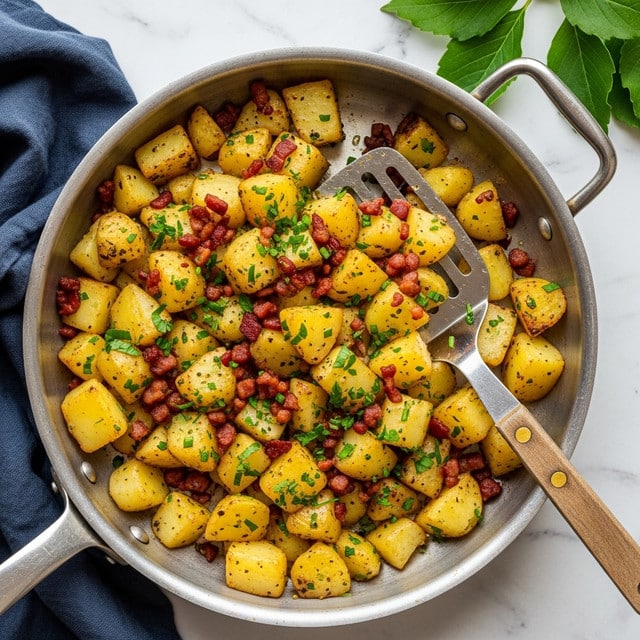 The image shows a silver pan filled with cooked diced potatoes mixed with small bits of crispy brown bacon and finely chopped green herbs scattered on top. The potatoes are soft yellow with some slightly browned edges, and the bacon pieces add a red and brown crunchy texture spread evenly throughout. A metal spatula with a wooden handle rests inside the pan, angled slightly upward. The background is a white marbled texture with a dark blue cloth partially visible on the left side and some green leaves on the top right. Photo taken with an iphone --ar 4:5 --v 7