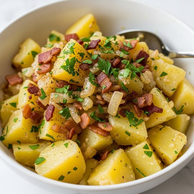 A close-up image of a white bowl filled with a potato dish, featuring about three layers of ingredients. At the bottom, there are chunky pale yellow potato pieces with a soft texture. Mixed throughout are small bits of browned bacon and translucent cooked onions, adding specks of light brown and glossy white. The entire dish is sprinkled with finely chopped green parsley, giving a fresh touch. A metal spoon is partially visible inside the bowl. The bowl rests on a white marbled surface. Photo taken with an iphone --ar 4:5 --v 7