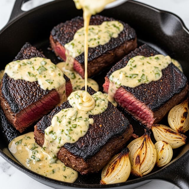 A pan with four thick slices of steak, each piece showing a dark brown charred crust on top and juicy, pink inside. A creamy sauce with green herbs is generously poured over the top of the steak pieces, with some sauce pooling around the base in the pan. The sauce has a light yellow color with visible green herb flecks. At the edge of the pan, there are small roasted onions with a golden-brown color. The pan is black cast iron, sitting on a white marbled surface. photo taken with an iphone --ar 4:5 --v 7