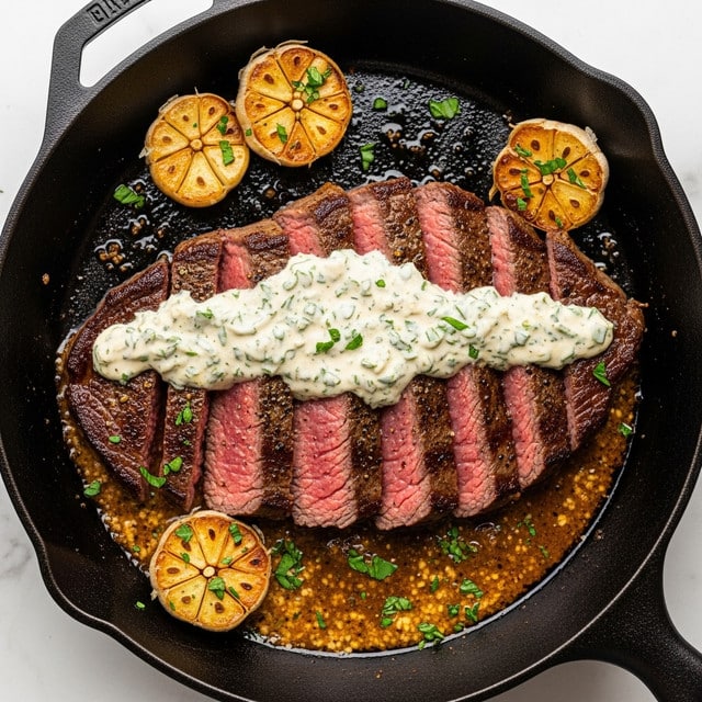 A thick steak cut into eight slices sits in a black cast iron pan on a white marbled surface. The steak is cooked medium rare with a rich brown and crispy outside and pink inside. A creamy sauce with green herbs is spread thickly across the top middle of the steak, dripping slightly onto the pan. Around the steak, there are several golden-brown roasted garlic cloves and the sauce pools together with bits of herbs in the pan. The whole dish looks juicy and freshly cooked with fresh green herb sprinkles. photo taken with an iphone --ar 4:5 --v 7