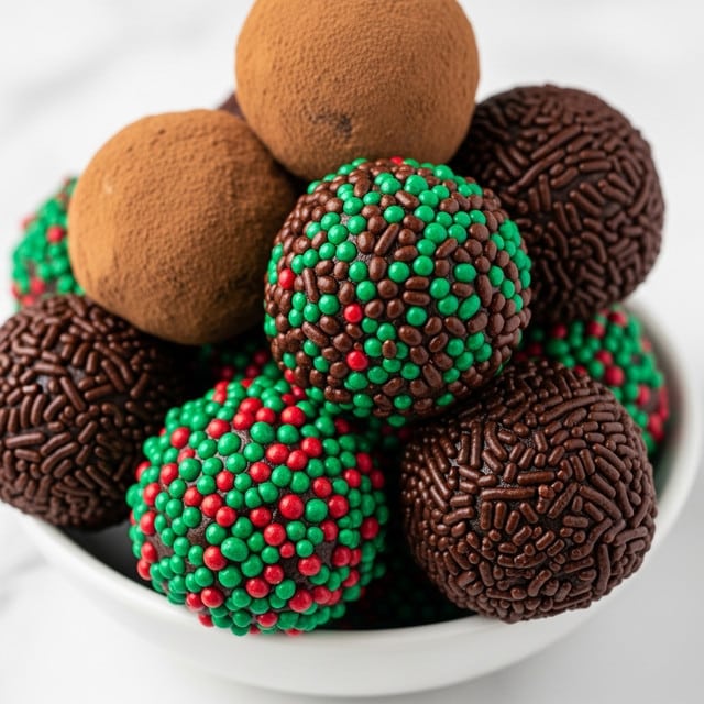 The image shows a close-up of several round chocolate truffles arranged in a white bowl on a white marbled surface. Most truffles are covered with dark brown chocolate sprinkles and small red and green round sprinkles, giving a textured look with a festive touch. A few truffles are coated only with dark brown chocolate sprinkles, while one in the background is dusted with light brown cocoa powder, showing a soft matte texture. The truffles are piled on each other with some slightly out of focus, creating depth. photo taken with an iphone --ar 4:5 --v 7