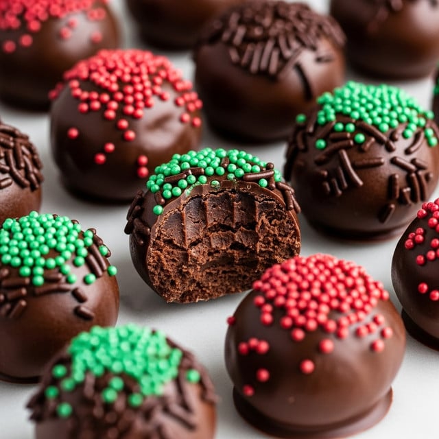 A close-up view of round chocolate truffles, each covered in dark chocolate sprinkles and some with red and green tiny ball sprinkles, arranged closely together. One truffle is bitten, showing a rich, dense, fudgy dark chocolate inside with a slightly rough texture. The truffles have a smooth, shiny surface under the sprinkles and are placed on a white marbled surface. Photo taken with an iphone --ar 4:5 --v 7