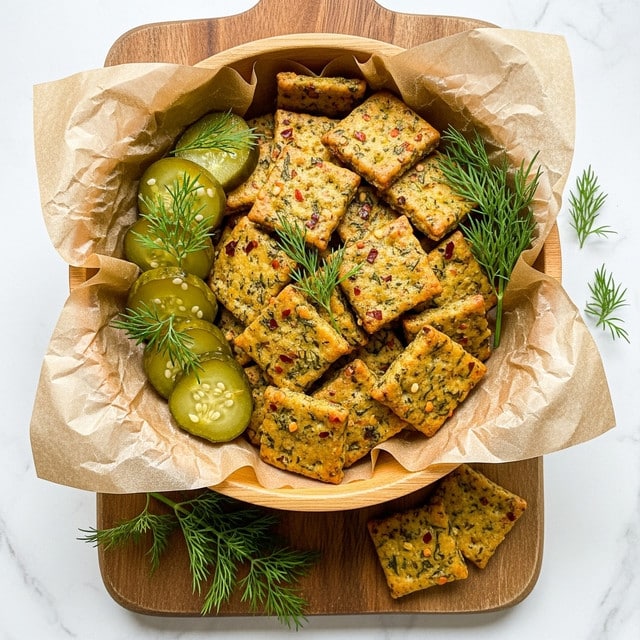 A wooden bowl lined with light brown parchment paper is filled with many small, square-shaped, golden brown crackers speckled with green herbs and red chili flakes, giving a textured, crunchy look. Some fresh sprigs of green dill are scattered on top and around the crackers. On one side of the bowl, several slices of green pickles with visible seeds sit alongside additional dill. The bowl rests on a wooden board placed on a white marbled surface. A few crackers and pickle slices are also set near the bowl, adding to the casual and inviting presentation. Photo taken with an iphone --ar 4:5 --v 7