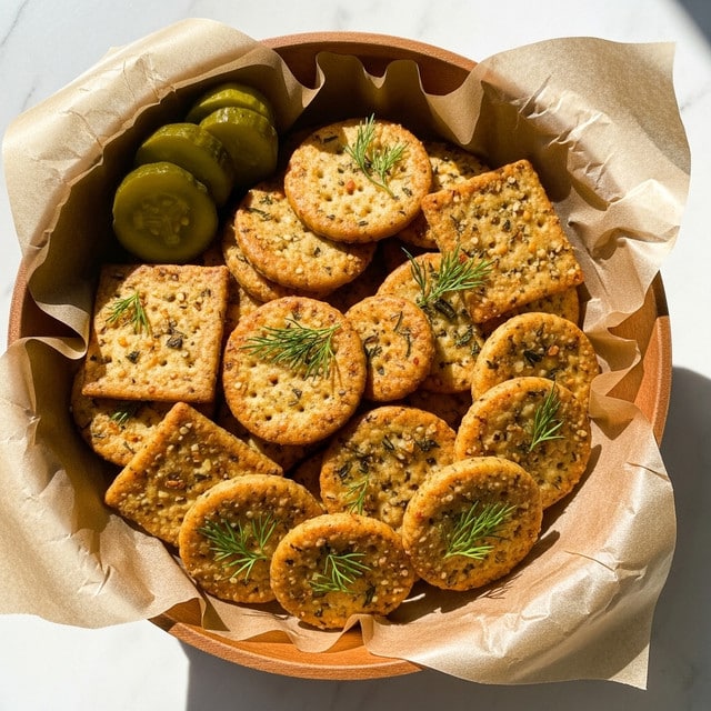 A wooden bowl lined with brown parchment paper filled with many square and round crackers that are golden brown with visible herbs and spices scattered on top, garnished with small sprigs of fresh green dill. At the upper left corner of the bowl, there are a few slices of green pickles. The bowl sits on a white marbled surface with a soft, natural light shining from one side, creating a warm and inviting look. Photo taken with an iphone --ar 4:5 --v 7