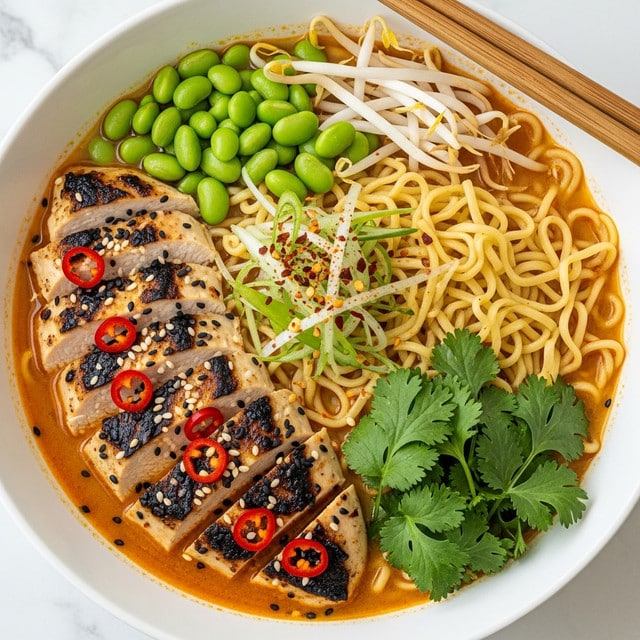 A bowl filled with rich orange broth as the base layer, topped with a layer of yellow ramen noodles mostly on the right side. On the left side, there are six slices of grilled chicken breast with dark char marks, drizzled with red chili flakes and black sesame seeds. Above the chicken and noodles, a layer of bright green edamame beans sits near the top of the bowl. Thin white bean sprouts form a small cluster to the right center, next to a fresh bunch of green cilantro leaves in the bottom right. In the center, there is a pile of thinly sliced green onions sprinkled with more red chili flakes. The bowl is white, set on a white marbled surface, with wooden chopsticks placed in the upper right corner. Photo taken with an iphone --ar 4:5 --v 7