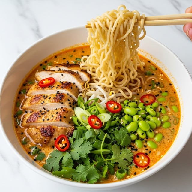 A white bowl filled with a rich, orange creamy broth as the base layer, dotted with red chili flakes and black sesame seeds. On one side, several slices of golden-brown grilled chicken rest partially submerged in the broth. In front of the chicken, chopped green onions and fresh cilantro add bright green colors and texture. Nearby, light green edamame beans cluster together, and there are thin white bean sprouts visible beneath the herbs. A pair of wooden chopsticks held by a woman's hand lifts a clump of pale yellow ramen noodles above the bowl, showing their soft and lightly shiny texture. The bowl is sitting on a white marbled surface. photo taken with an iphone --ar 4:5 --v 7