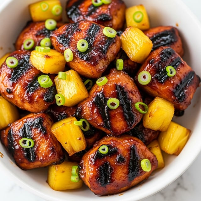 The image shows a close-up view of a dish with several chunks of glazed, grilled chicken that have a shiny, sticky, reddish-brown coating and some darker char marks. Mixed among the chicken pieces are bright yellow pineapple chunks, also slightly glazed and caramelized. The dish is topped with small, fresh green onion slices scattered evenly. All the food sits in a white bowl on a white marbled surface. photo taken with an iphone --ar 4:5 --v 7