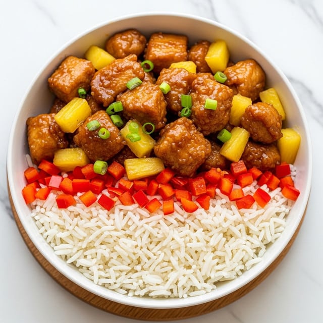A white bowl filled with three layers: the bottom layer is white cooked rice with long grains, the middle layer consists of small red bell pepper pieces scattered lightly, and the top layer shows golden brown glazed chicken chunks mixed with bright yellow pineapple chunks and small green chopped scallions. The chicken pieces have a shiny sauce coating and a slightly crispy texture. The dish is placed on a wooden base with a white marbled background. photo taken with an iphone --ar 4:5 --v 7