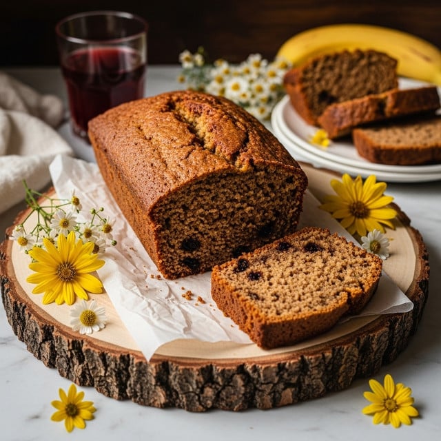A loaf of brown cake with a rough texture is cut to show a soft inside filled with small dark spots. It rests on a piece of parchment paper on a round wooden board with bark around the edge, placed on a surface that looks like white marble. Yellow and small white flowers are scattered around the cake and board, adding color. In the background, there is a glass of dark red liquid and slices of cake on a white plate that looks like wood. The scene has warm light with some shadows, making the cake look cozy and fresh. Photo taken with an iphone --ar 4:5 --v 7