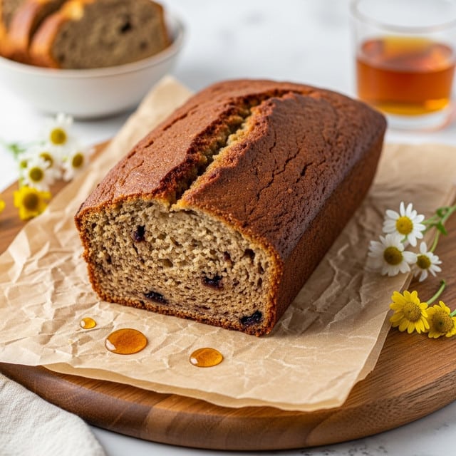 A rectangular loaf of banana bread with a brown, slightly cracked top crust rests on crinkled beige parchment paper on a round wooden serving board. The bread's interior is light brown with visible dark specks from banana and possibly nuts, showing a moist texture. Two drops of golden syrup glisten on the parchment in front of the loaf. Next to the bread are small white and yellow flowers adding a fresh touch. In the background, a blurred bowl of sliced bread and a glass of amber liquid sit on a white marbled textured surface. Photo taken with an iphone --ar 4:5 --v 7