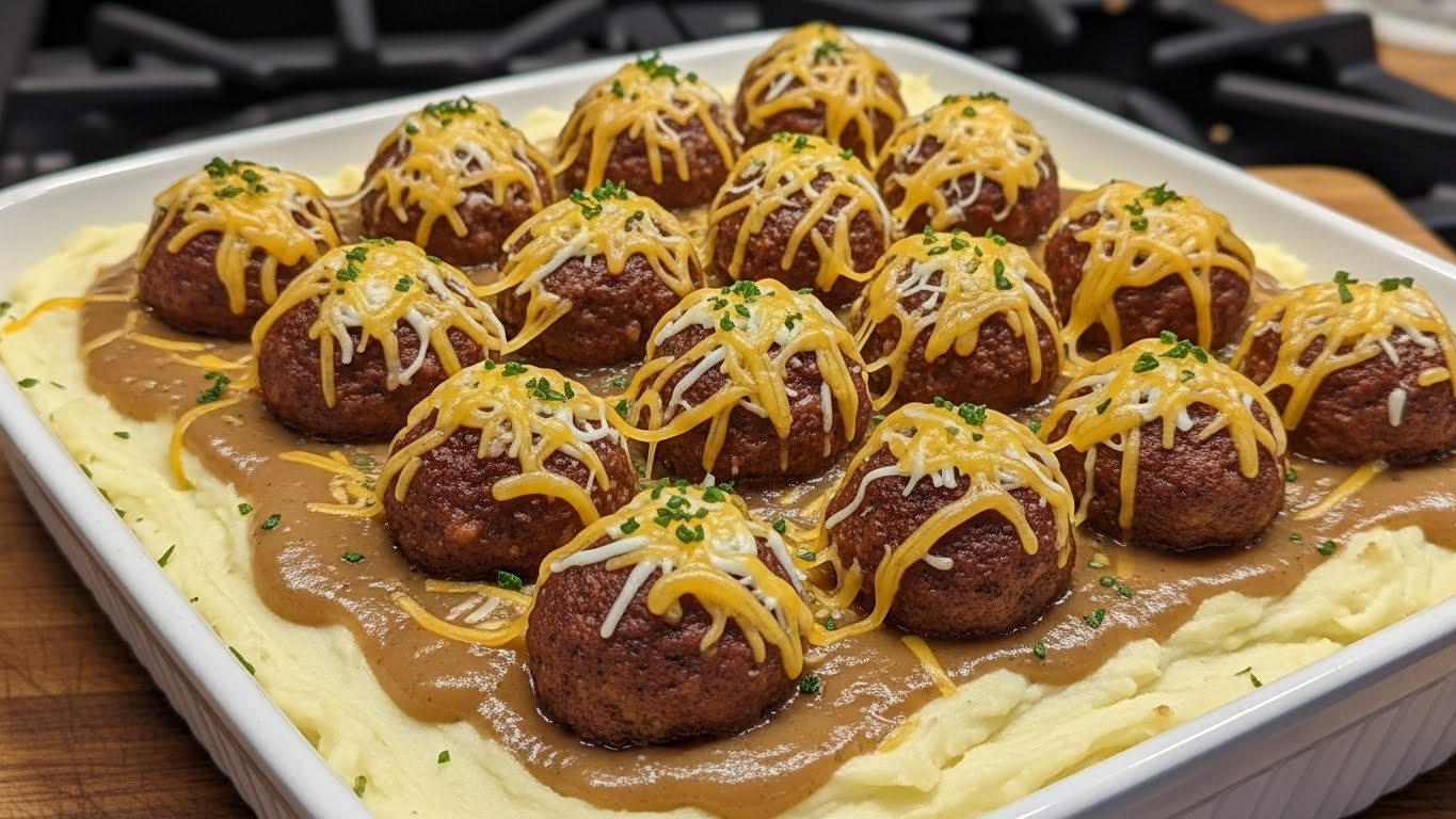 A white rectangular dish filled with a base layer of creamy, pale mashed potatoes with a smooth yet slightly lumpy texture, topped with a rich brown gravy spread evenly across the surface. On top of the gravy, there are about twelve browned meatballs arranged in neat rows, each with a slightly crispy outer texture, covered in melts of shredded yellow cheddar and white cheese that blend together. Small green herb sprinkles lightly garnish the cheese, adding hints of color. The dish sits on a wooden surface with a blurred background showing parts of a stovetop. Photo taken with an iphone --ar 4:5 --v 7