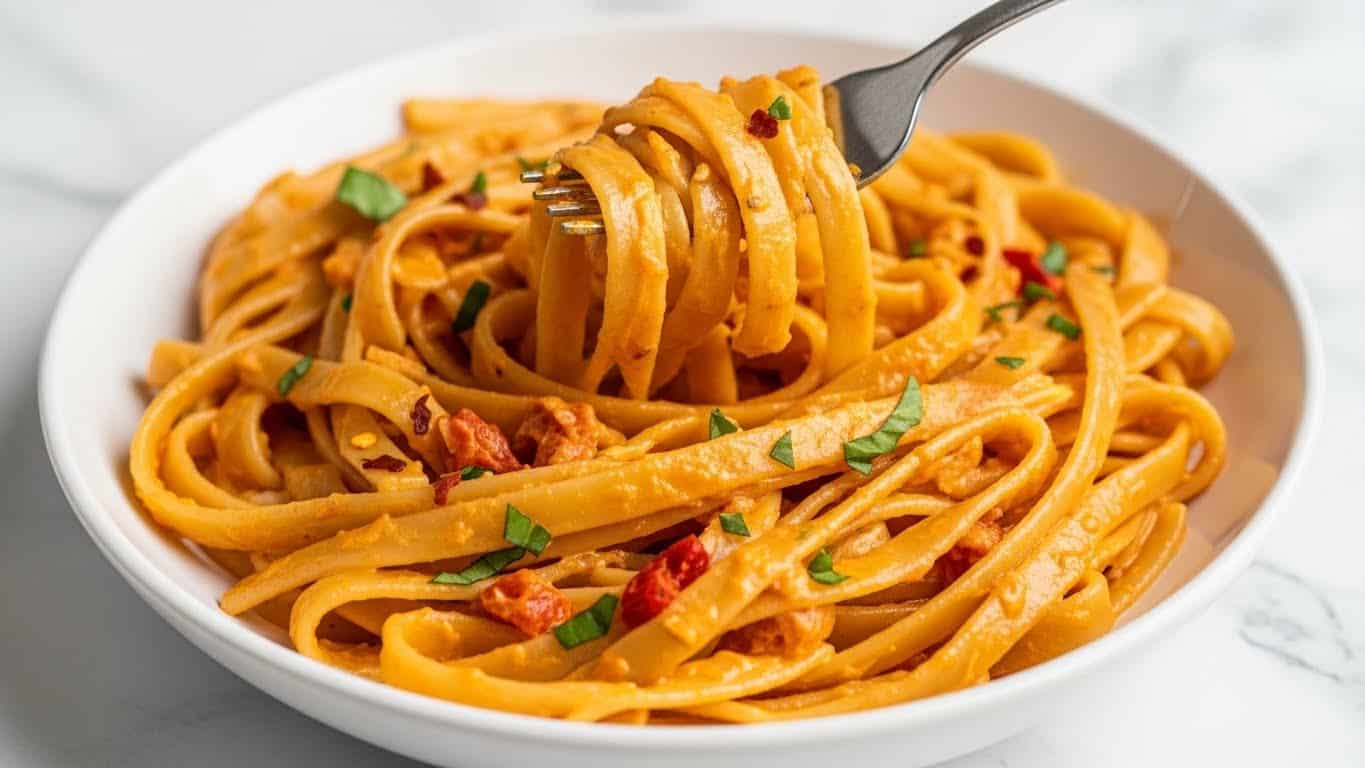 The image shows a close-up of a white plate filled with creamy pasta. The pasta noodles are long, flat, and coated with an orange-tinted sauce, giving them a smooth and glossy look. There are small bits of red pepper flakes and green herb pieces scattered throughout the pasta, adding color contrast. A fork is twirling a small bundle of the noodles in the center, lifting them above the plate. The background surface is a white marbled texture, giving a clean and fresh feel to the image. photo taken with an iphone --ar 4:5 --v 7