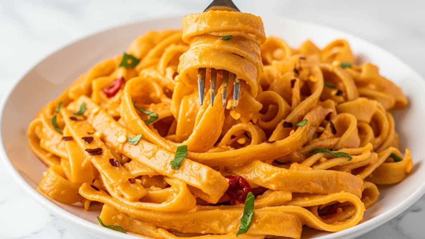 A close-up image of long, thick noodles coated in a creamy orange sauce being lifted by silver tongs with bright green silicone tips, held by a woman's hand with red painted nails. The noodles appear smooth and slightly glossy, dripping gently back into a black pan filled with more of the sauce-covered noodles at the bottom. The background has a soft out-of-focus look with hints of green and white, set against a white marbled surface. photo taken with an iphone --ar 4:5 --v 7