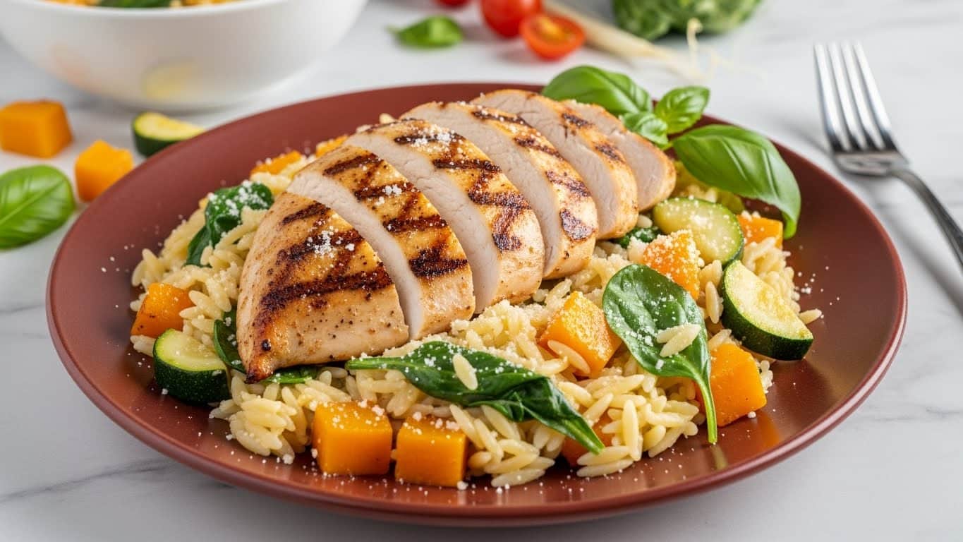 A rich reddish-brown plate holds a bed of creamy orzo pasta mixed with small cubes of orange roasted butternut squash, green spinach leaves, and pieces of zucchini, all lightly coated in sauce. On top, there are four thick slices of grilled chicken breast, golden brown with visible char marks. A fresh green basil sprig sits beside the chicken, with a light sprinkling of grated cheese over the entire dish, adding a fine white texture. In the background, a white bowl with a similar dish and a silver fork rest on a white marbled surface, with some scattered vegetables nearby. Photo taken with an iphone --ar 4:5 --v 7