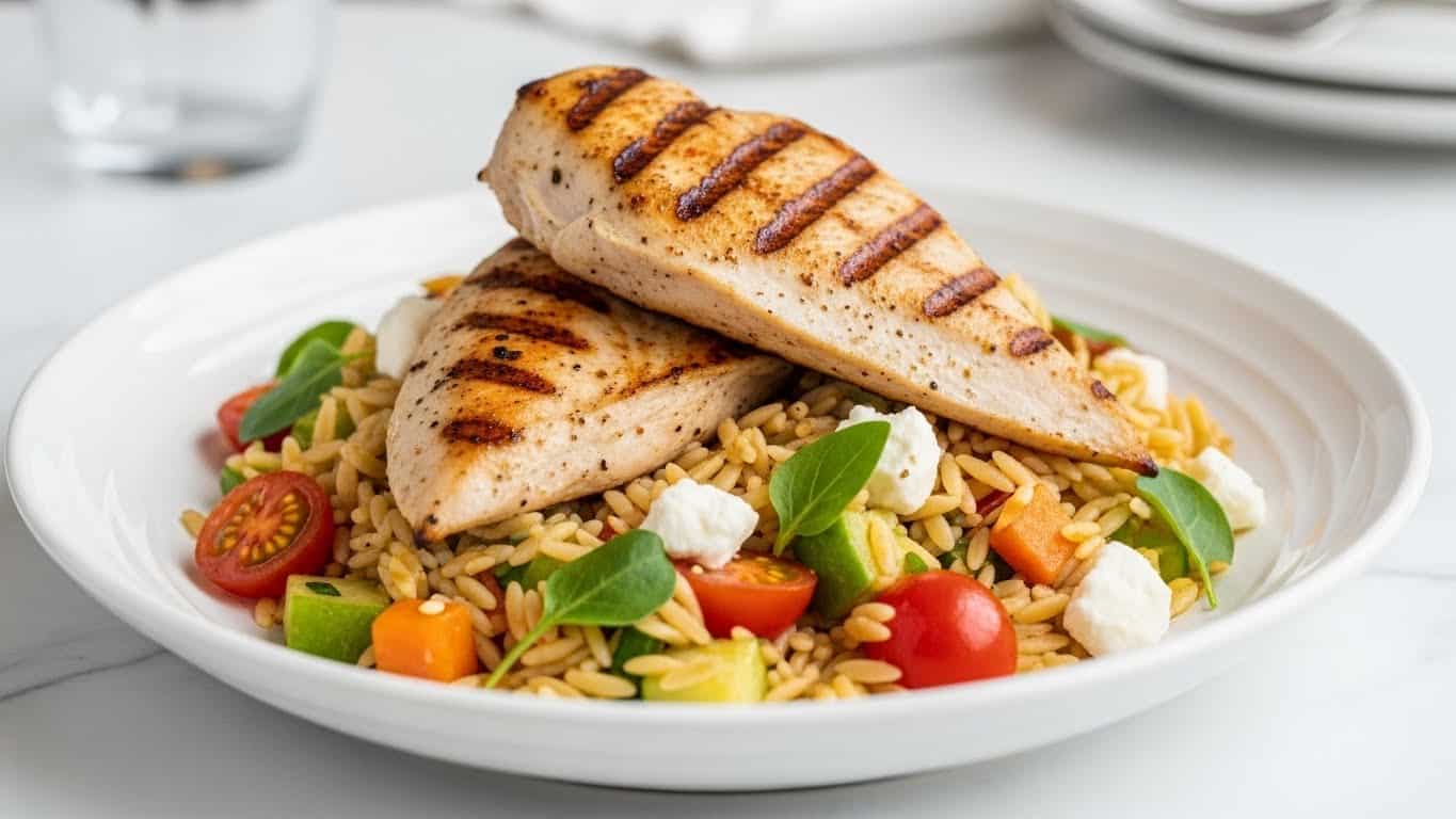 A dish with two pieces of grilled chicken breast on top of a bed of orzo pasta mixed with diced green and orange vegetables and cherry tomatoes. There are small white chunks of cheese and fresh green herbs sprinkled on the pasta. The food is served on a white plate with a rim, sitting on a white marbled surface with a blurred background showing a glass and another plate. The lighting is soft and natural, highlighting the texture of the grilled chicken and the colorful vegetables. Photo taken with an iphone --ar 4:5 --v 7
