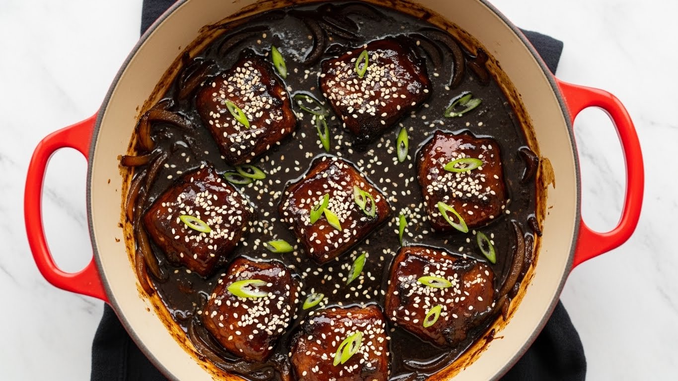 A white square plate holds a bed of fluffy white rice as the bottom layer, topped with a thick layer of dark brown shredded meat covered in rich, glossy sauce. Bright green fresh cilantro leaves are scattered generously over the meat and rice, adding a fresh pop of color. A shiny fork lifts some of the tender meat, showing the texture of the strands soaked in sauce. The plate sits on a white marbled surface, creating a clean and simple background. photo taken with an iphone --ar 4:5 --v 7