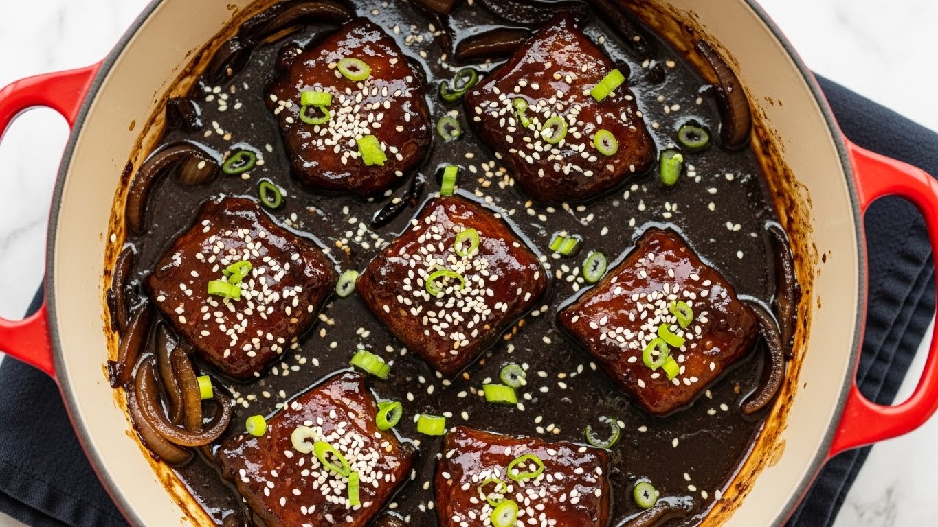 A round red pot filled with several chunks of dark brown glazed meat sitting in thick, shiny sauce. On top of the meat are scattered white sesame seeds and thin strips of bright green onions. The sauce glistens and the surface looks rich and sticky, with caramelized onions under the meat pieces. The pot is placed on a dark cloth, set against a white marbled texture. photo taken with an iphone --ar 4:5 --v 7
