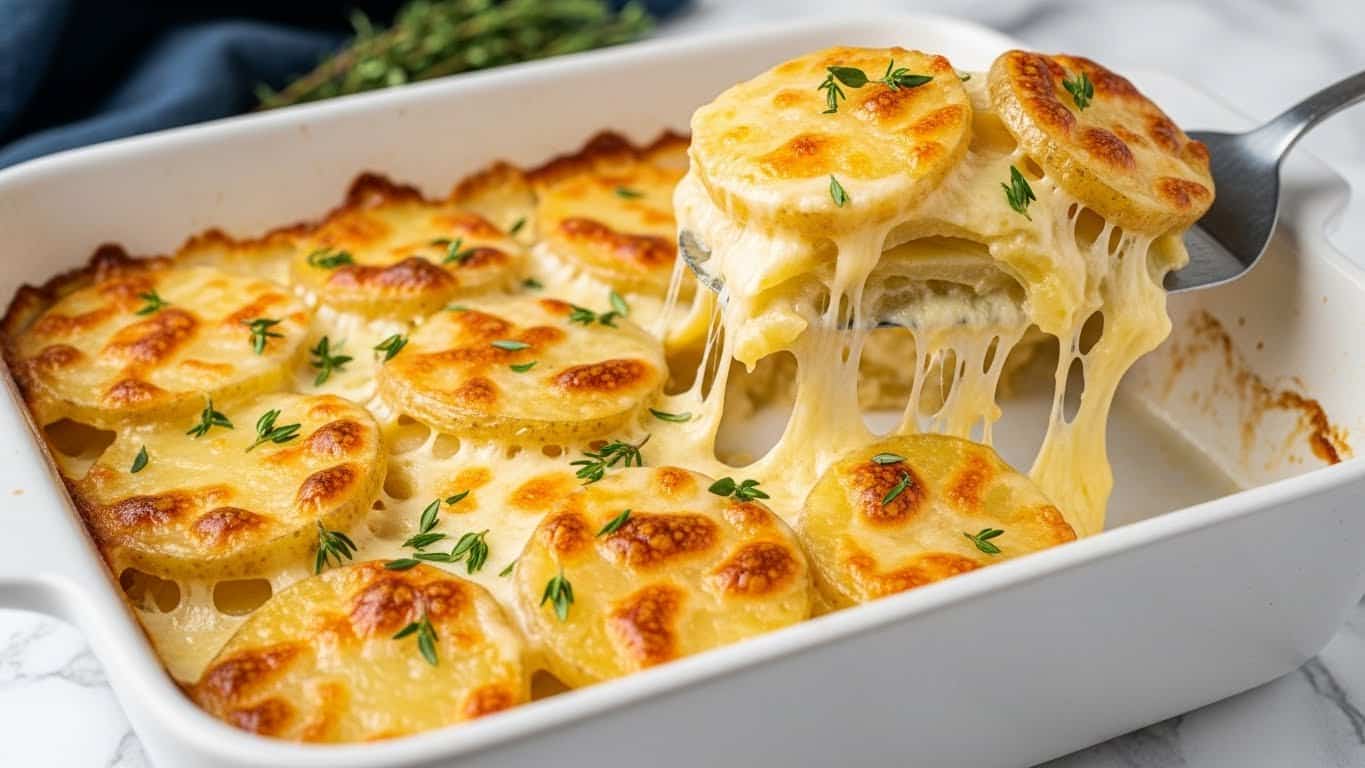 A white rectangular baking dish filled with multiple golden brown layers of scalloped potatoes, each thin round slice showing a slightly crispy, browned top and soft, tender texture underneath. Creamy melted cheese stretches in strings as a metal spatula lifts a portion, revealing about four visible layers of soft yellow potatoes soaked in rich white sauce. Small green sprigs of fresh thyme are scattered on top for a fresh contrast. The dish sits on a white marbled texture surface with a blurred out dark blue cloth and green herbs in the background. Photo taken with an iphone --ar 4:5 --v 7