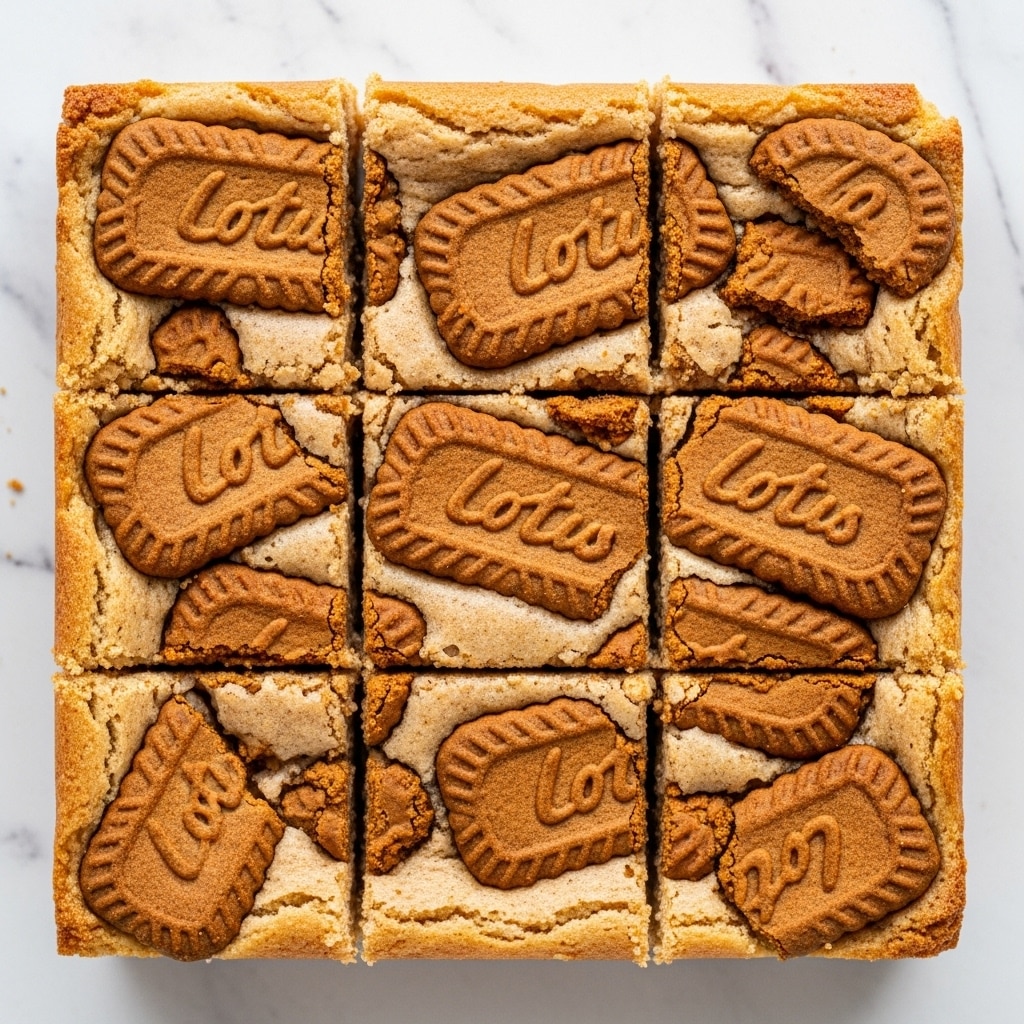 A close-up top view of a baked dessert cut into nine square pieces. The base layer is light beige with a slightly cracked, soft texture, resembling a blondie or cake. On top, there are large pieces and crumbs of cinnamon brown cookies embedded into the surface, some whole and others broken, adding a rough, crumbly texture and darker color contrast. The cookies have scalloped edges and embossed text visible in some pieces. The dessert rests on a white marbled texture background. photo taken with an iphone --ar 4:5 --v 7