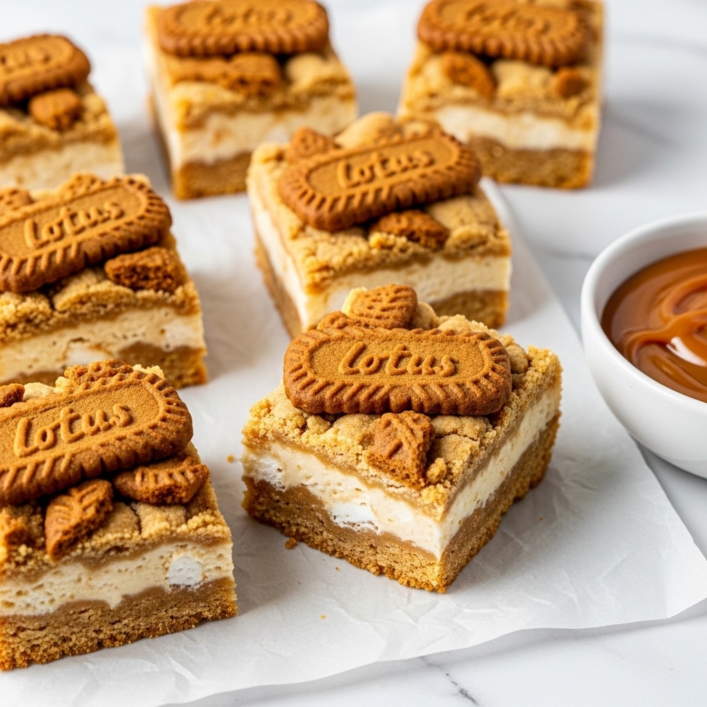 The image shows several square pieces of a cookie bar dessert arranged on parchment paper over a white marbled texture. Each piece has two main layers: a light golden-brown cookie base and a lighter, creamy-looking middle layer that appears soft with white chunks inside. The top layer is decorated with whole and crumbled brown cookies that have a distinct ridged pattern. The cookie bars have a crumbly texture, and one square is slightly lifted, revealing the thickness of the layers. In the corner, part of a white dish containing a smooth caramel-colored sauce is visible. photo taken with an iphone --ar 4:5 --v 7