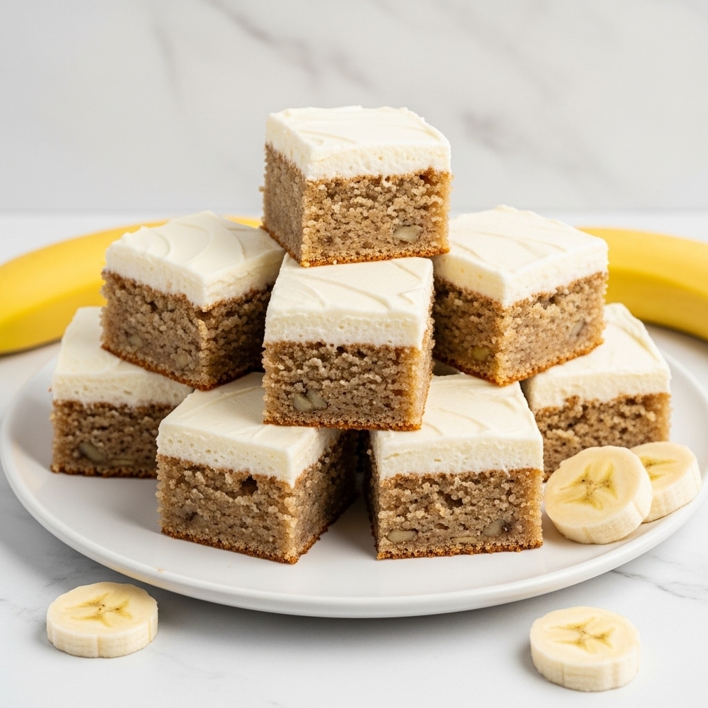 The image shows nine square pieces of banana cake arranged in three layers on a white plate. Each piece has two layers: a light brown, moist cake base with visible tiny banana bits and a smooth, white frosting layer on top. Three banana slices are placed on the white plate around the cake pieces. The background is a white marbled texture. Photo taken with an iphone --ar 4:5 --v 7